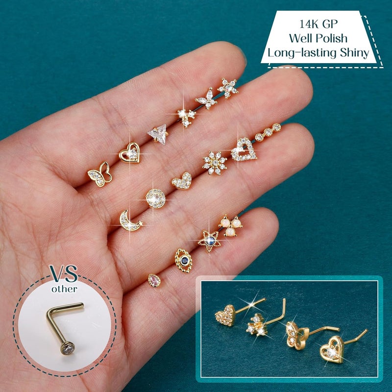 Yadoca Gold Nose Rings Studs for Women - 20G Surgical Steel Nose Ring L Shaped Nose Piercing Jewelry Hypoallergenic CZ Heart Nose Studs Silver Rose Gold 16Pcs - Image 3